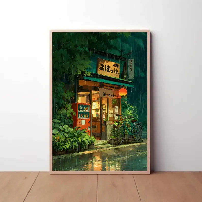 Anime Cafe Shop and Bicycle Canvas Poster Ghibli Work Anime Style Street Cafe Scene Wall Art Printing for Living Room Home Decor