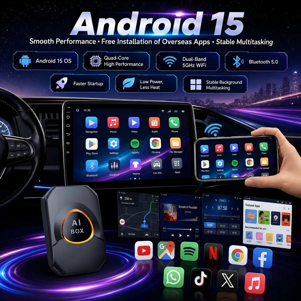 2026 New CarPlay AI Box Android 15 Wireless CarPlay & Android Auto Adapter Support YouTube Netflix IPTV Spotify Plug and Play