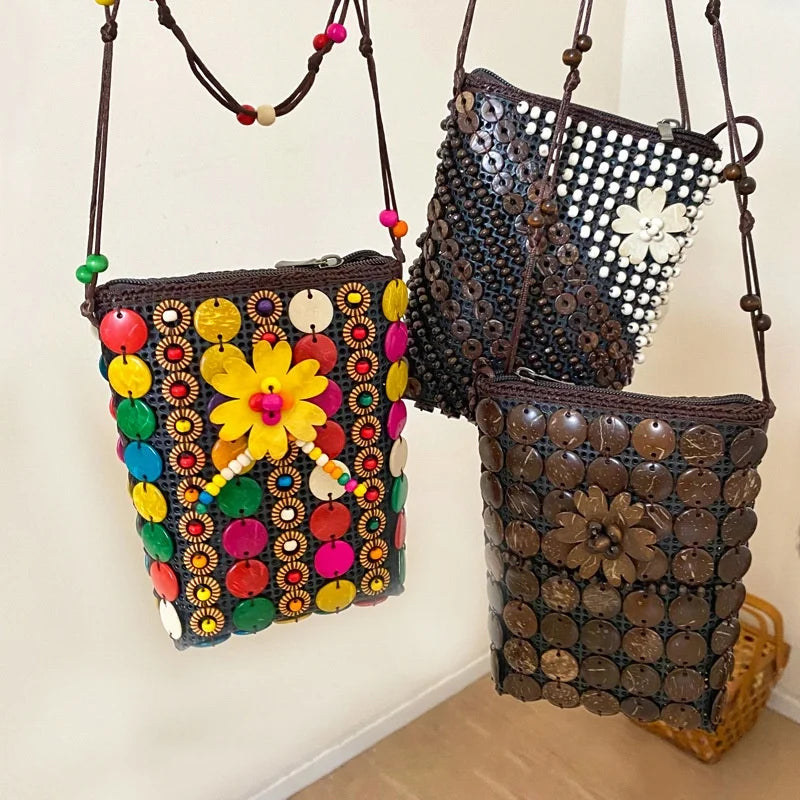 Bohemian Mini Phone Bag Women Summer Flower Coconut Shell Woven Bags 2026 New Thailand Vietnam Travel Tribal Style Coins Purse