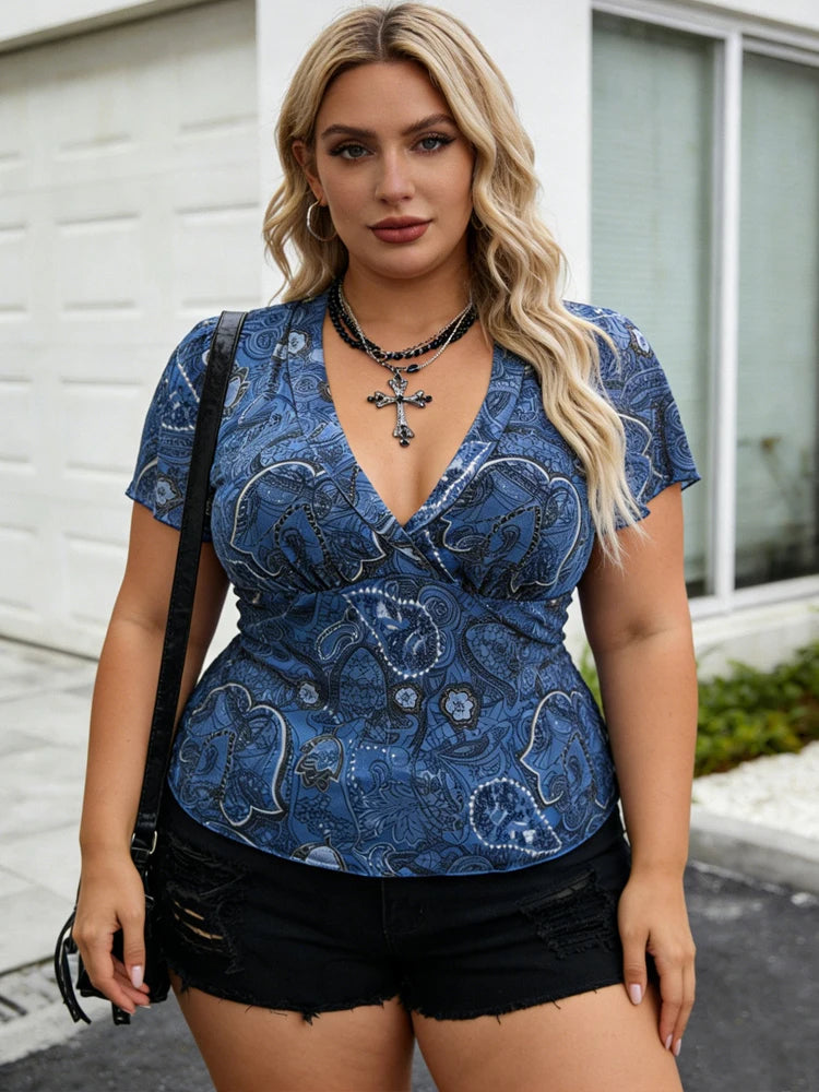 New Plus Size Paisley Print Deep V-Neck Slim Waist Short Flutter Sleeves Top Blue-Black Retro Y2K Clothes Big Size Women T-Shirt