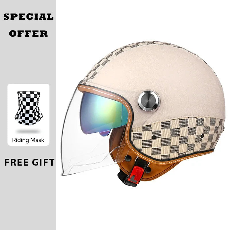 Open Face Helmet Vintage Leather Motorcycle Helmets Double Visor DOT Approved Retro 3/4 Jet Half Helmet with Inner Lens