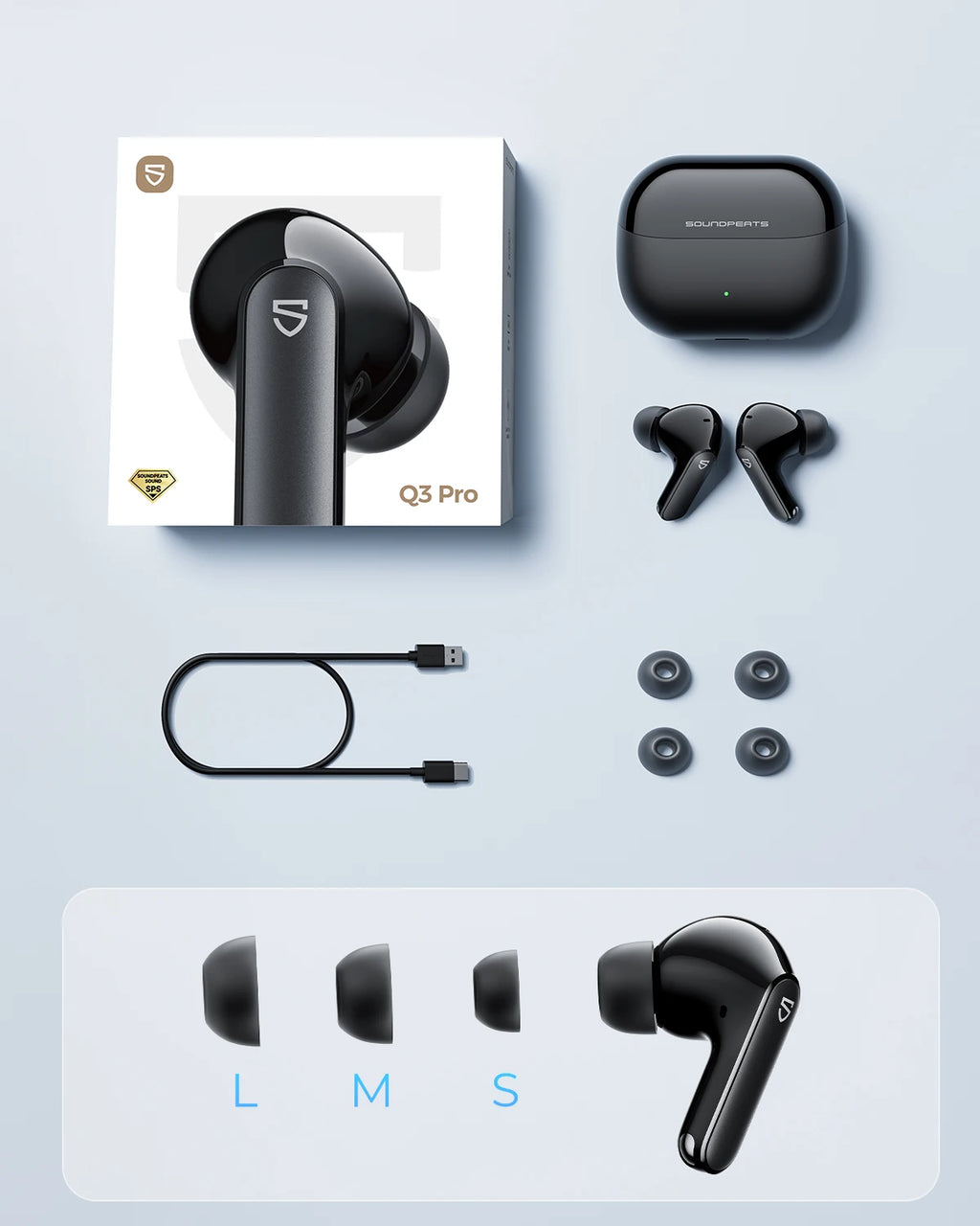 SoundPEATS Q3 Pro Wireless Earbuds Active Noise Cancelling Bluetooth V6.0 Earphones with 4 Mic,13mm Driver,Multipoint Connection