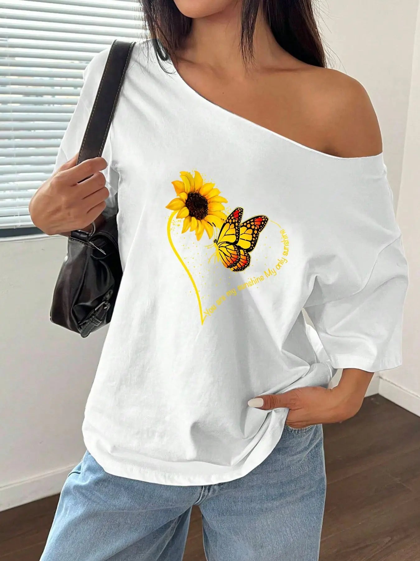 100% Cotton Plus Size Sunflower Butterfly Print Shoulder Loose Print T-Shirt Oversized Y2K Style Graphic Tees Women Tops Summ