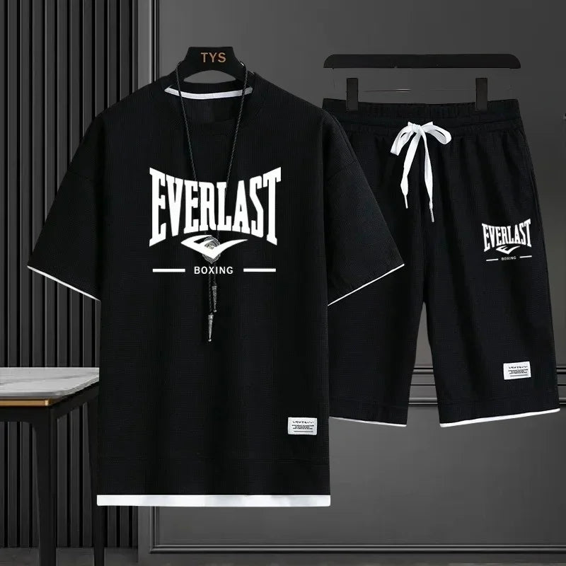 EVERLAST New Summer Men's Daily Casual Breathable Comfortable Loose Sports Set Fashion Brand Men's Waffle Top+Shorts 2-piece Set