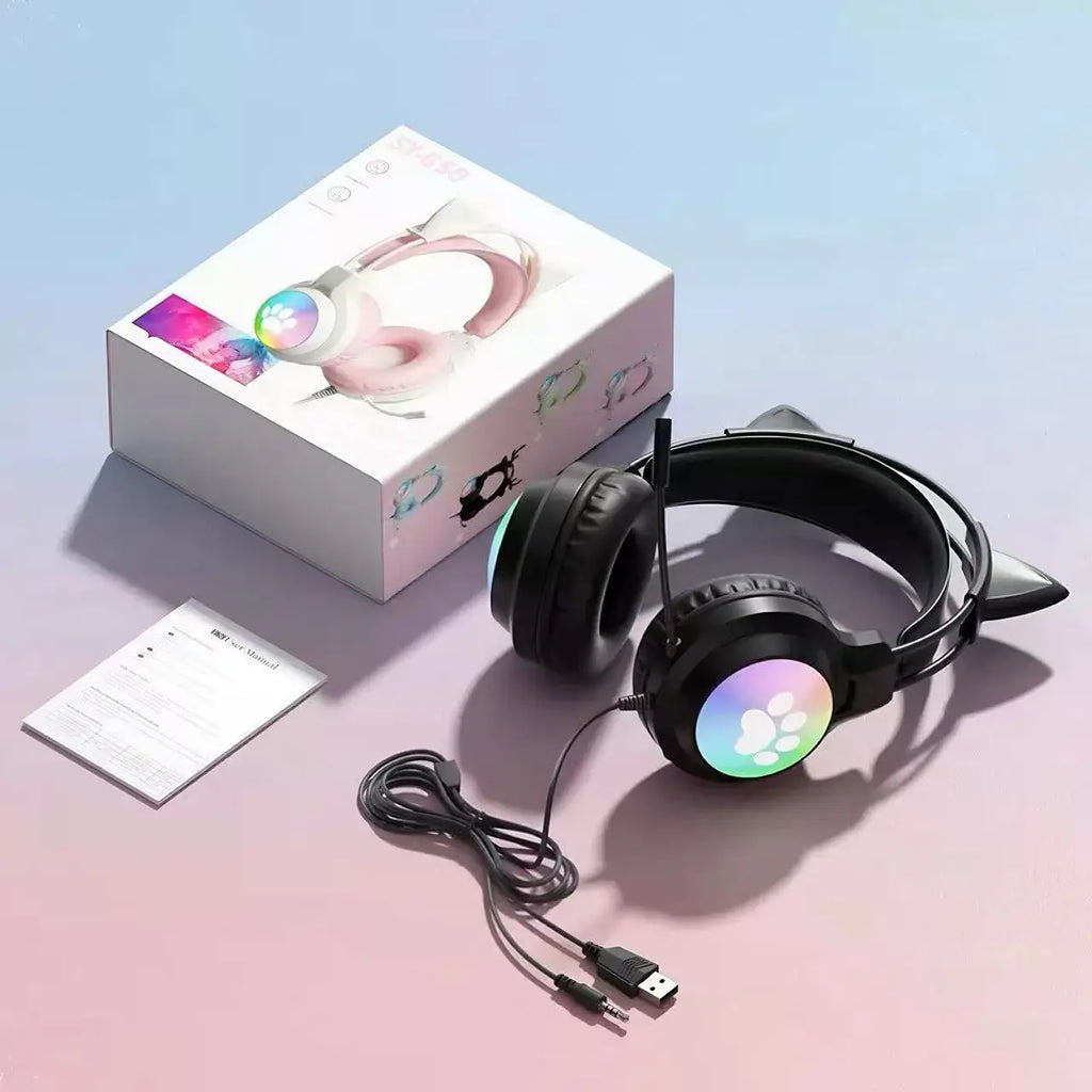 SOYTO Wired Cat Ear Headphones RGB LED Light Up Gaming Headset 3D Deep Bass Stereo Headphones with Mic for PC Laptop Girls