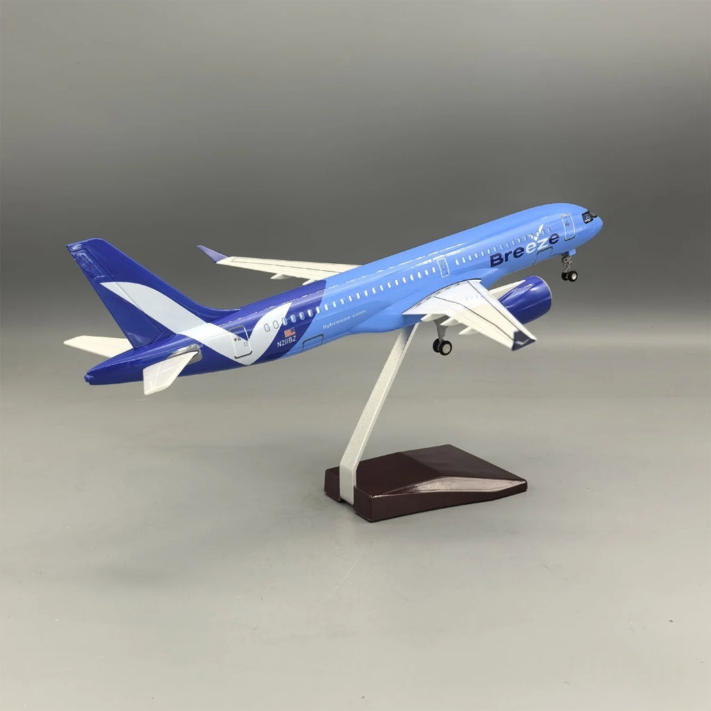 1/100 Scale A220-300 American Breeze 38cm Model Airplane Diecast Resin Planes Toy With LED Light Wheels For Collection Ornaments