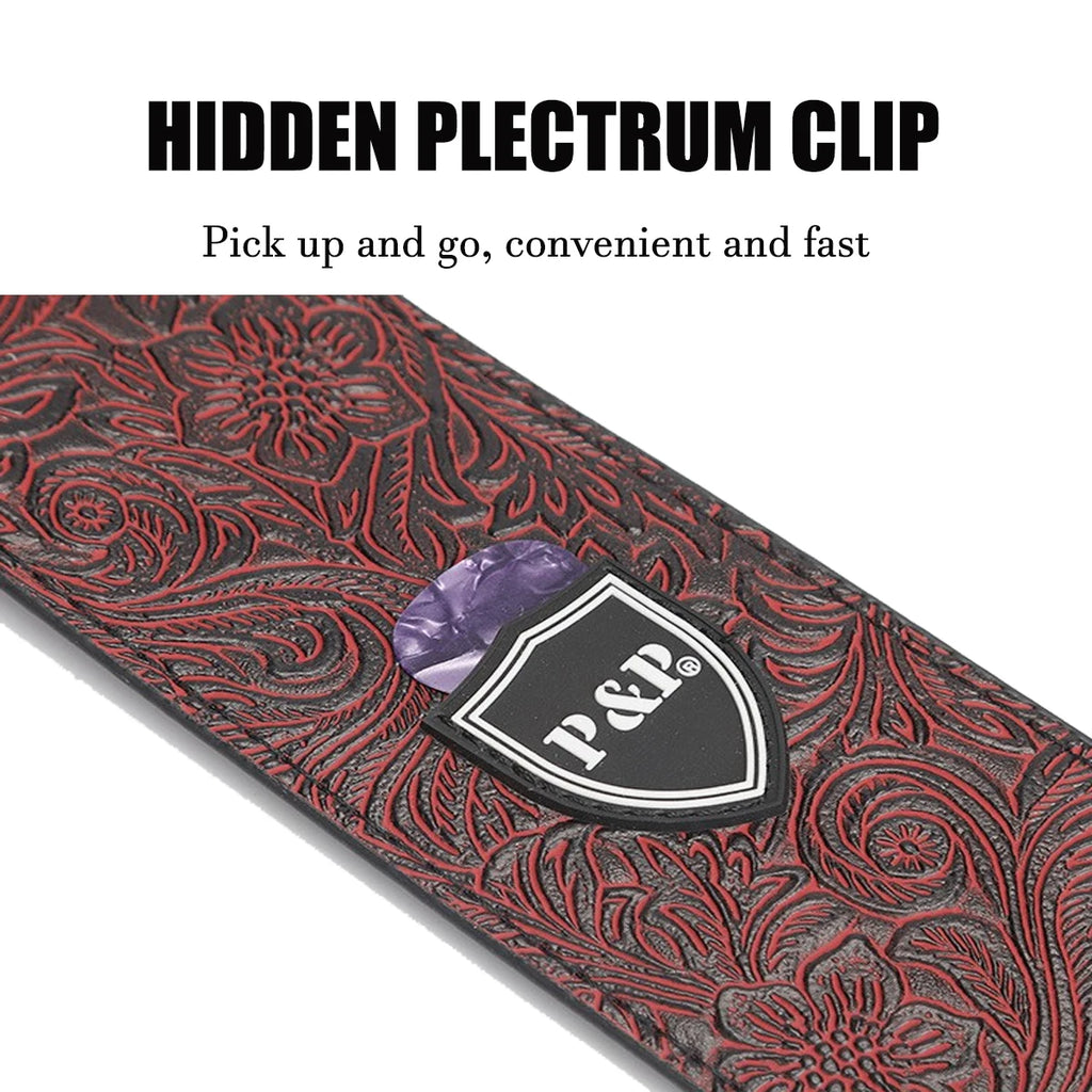 P&P Professional Guitar Strap | Anti-Wrinkle Polyester | Adjustable 33.8"-54.7" (86-139cm) | Leather Ends + Hidden Pick Clip