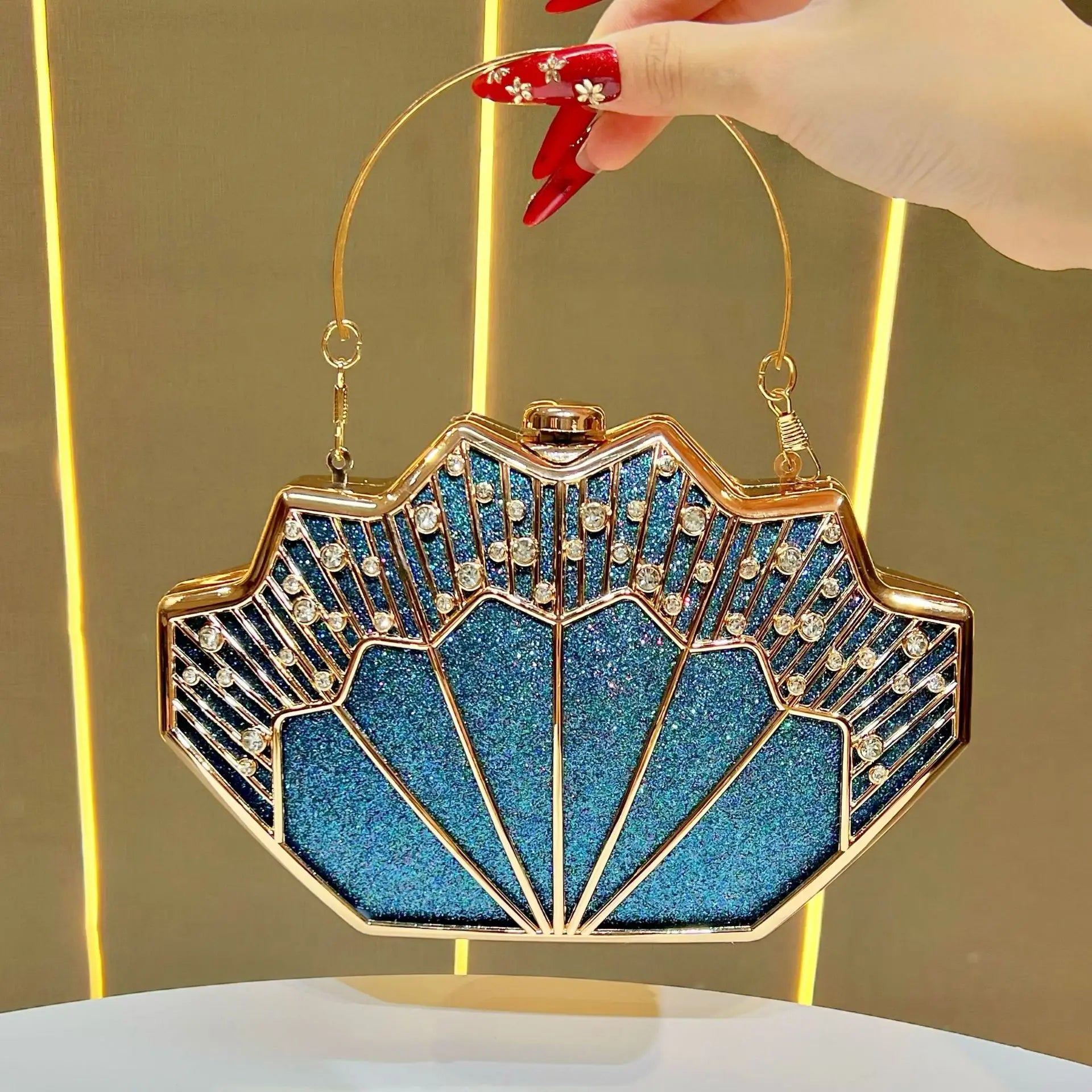 Luxury Fan-shaped Shiny Diamond Studded Women's Evening Bag Creative Branch Design Female Handbag Shoulder Bag for Wedding Party