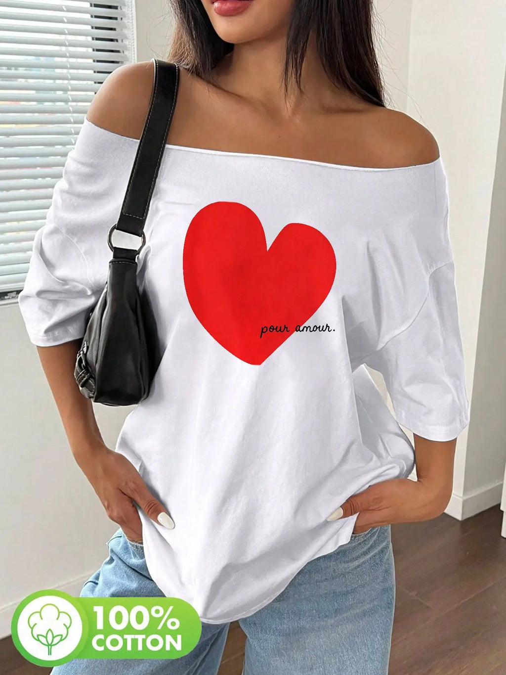Plus Size Large Red Watercolor Heart Graphic Tee with Pour Aimer Text, Soft Handcrafted Feel, Y2K Oversized Loose Fit Summer