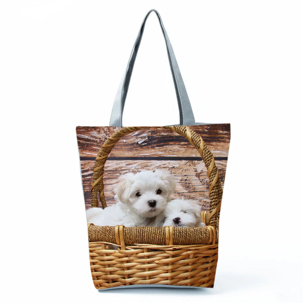 Cute Maltese Dogs Print Handbags Casual Women Shopping Bag Large Capacity Foldable Shoulder Bags Eco Reusable Travel Beach Totes