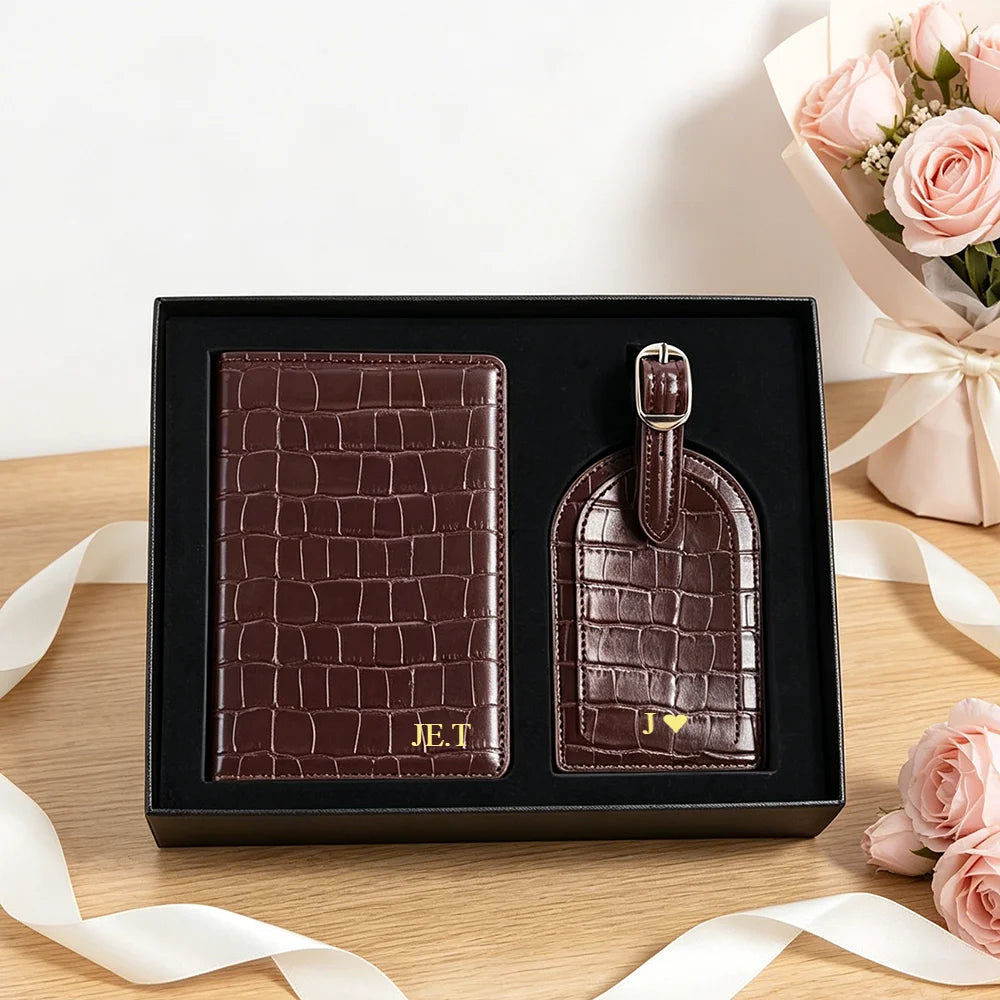 Luxury Passport Cover Luggage Tag Gift Box Set Custom Name Men Women Present Travel Accessories Suitcase Label Passport Holder