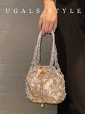 Hollow Out Glitter Rope Woven Handmade Luxury Women's Handbag Shiny Diamonds Evening Bag Wedding Party Clutch Purse Shoulder Bag
