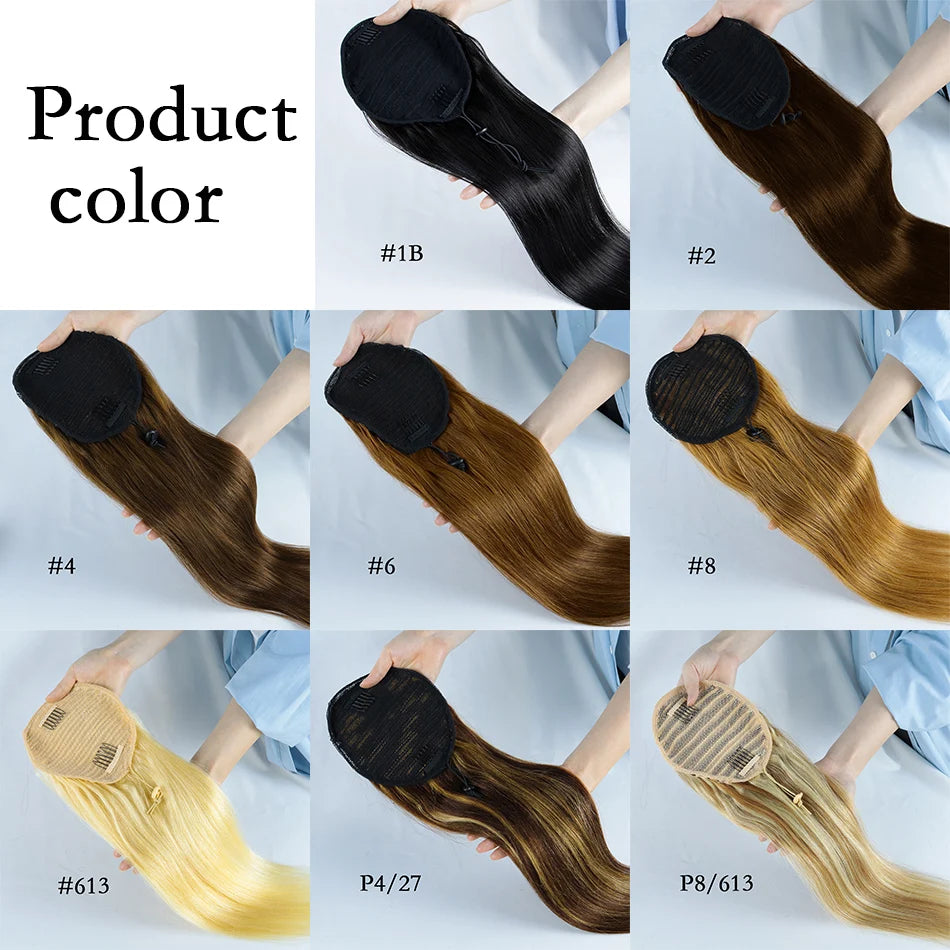 Straight Ponytail Human Hair Extensions With Clip In Drawstring Ponytail Straight Brazilian Ponytail For Women Natural Black #1B