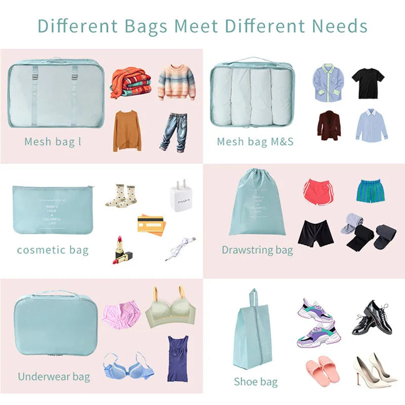 7Pcs Travel Packing Cubes Set Waterproof Luggage Organizer with Drawstring Storage Pouches for Clothes Shoes Underwear - Suitcas