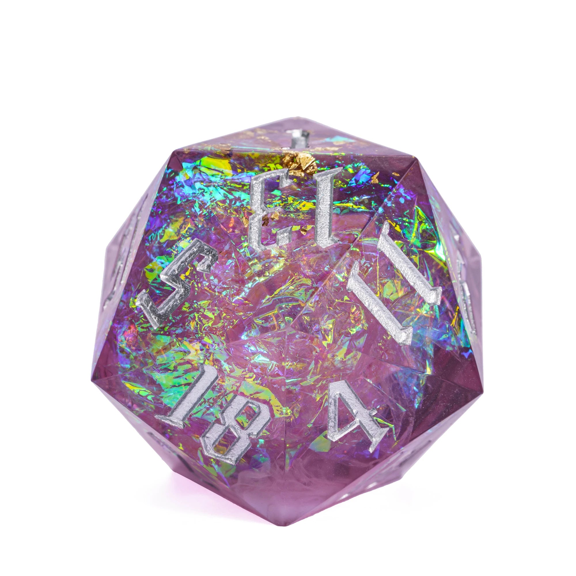 Cusdie 33mm Rainbow Film D20 Dice, 20 Sided Resin Sharp Edges Dice, Single D20 Polyhedral Dice, for Role Playing Board Game