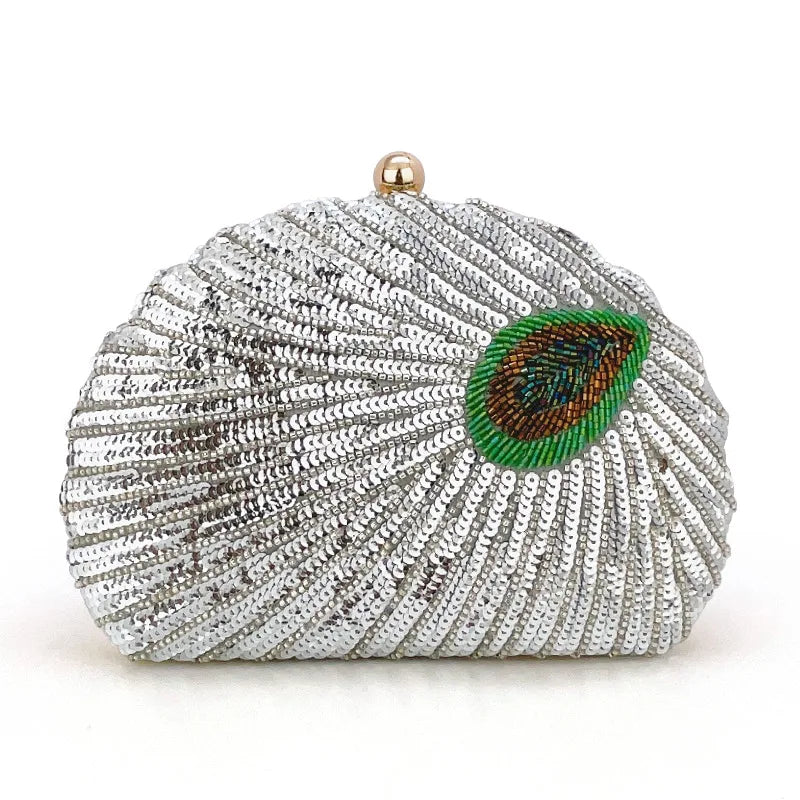 Retro Beaded Sequin Half Moon Evening Bag Women Fan Shaped Clutch Wedding Purse Boutique Party Crossbody Shoulder Handbag Bolsa
