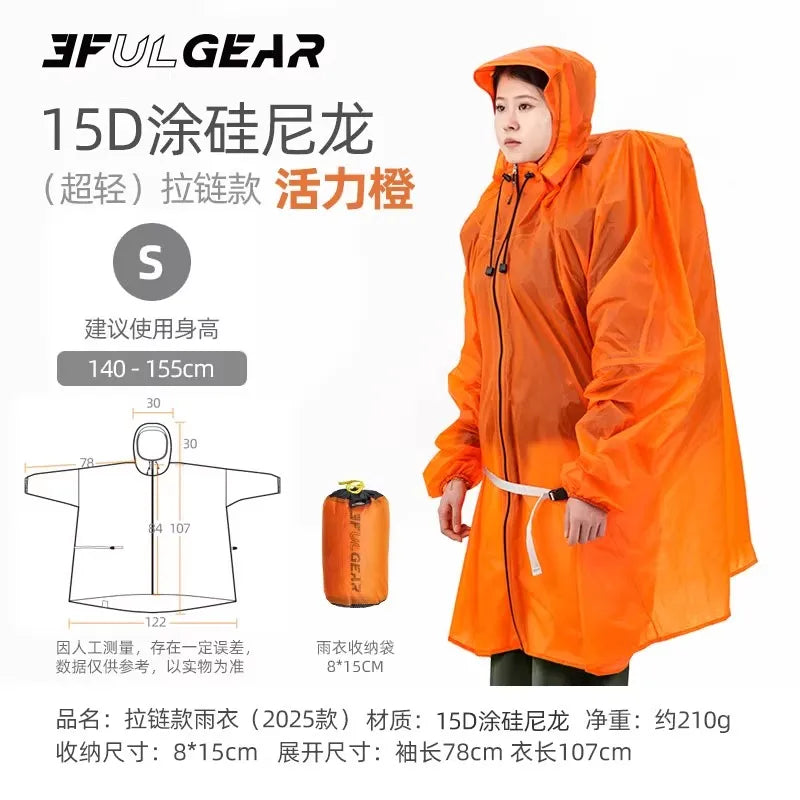 3F UL GEAR Zipper Raincoat 15D Nylon/210T Polyester Waterproof Jacket Ultralight Outdoor Cycling Camping Hiking Rain Poncho Coat
