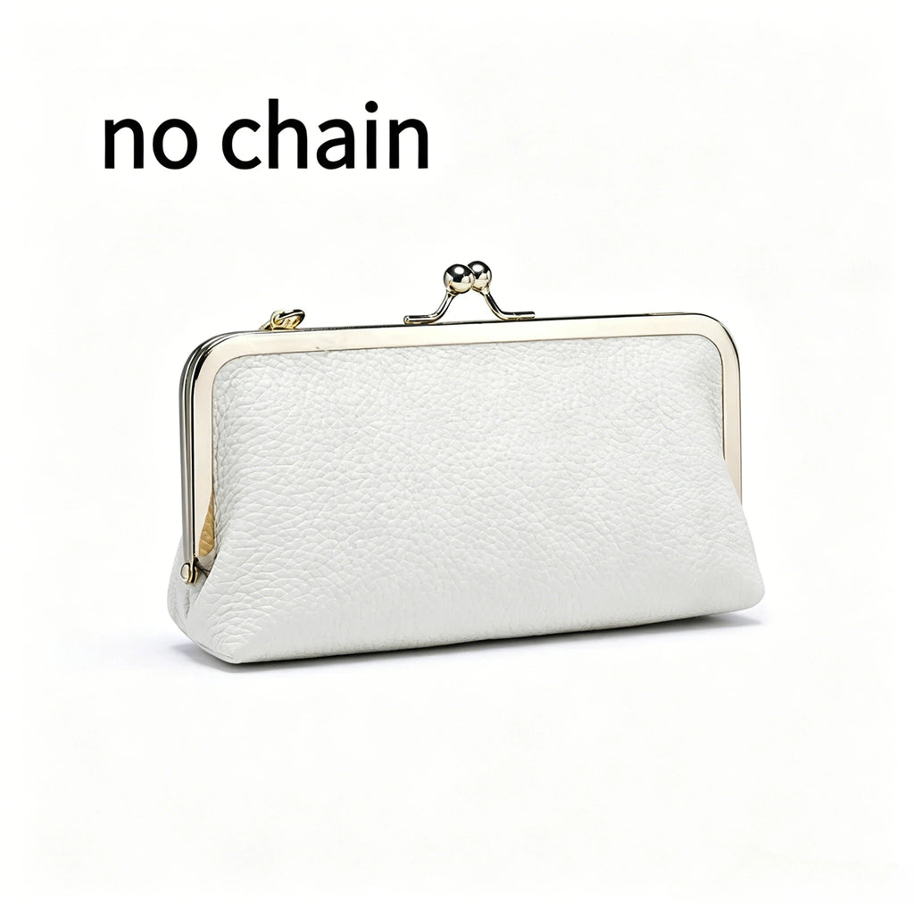 Women's Kiss Lock Clutch Bag, Top Grain Genuine Leather Wallet Large Capacity Travel Clutches with Detachable Chain Strap