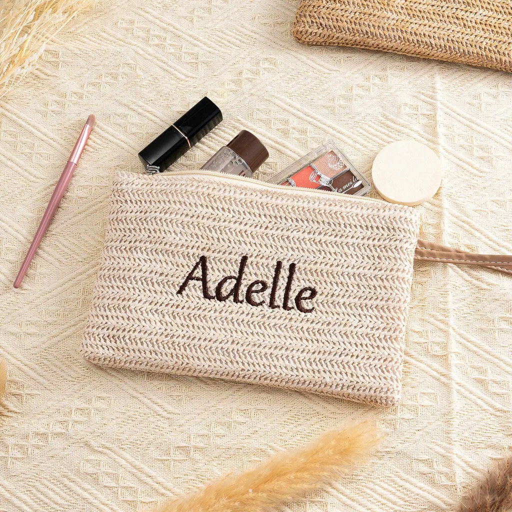 Boho Straw Woven Clutch Bag Custom Name Embroidery Zipper Pouch Women Girls Portable Coin Wallet Beach Vacation Accessories