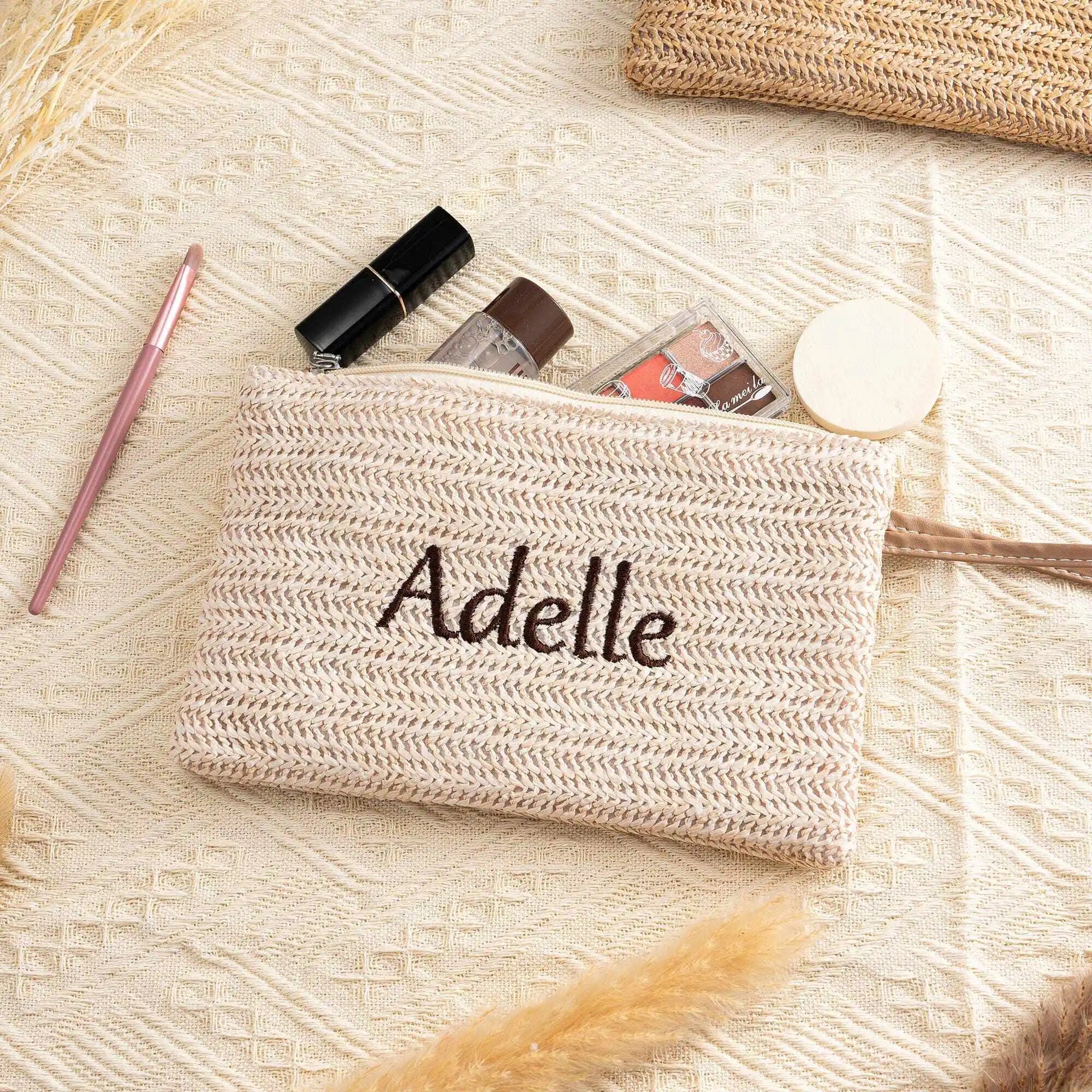 Boho Straw Woven Clutch Bag Custom Name Embroidery Zipper Pouch Women Girls Portable Coin Wallet Beach Vacation Accessories