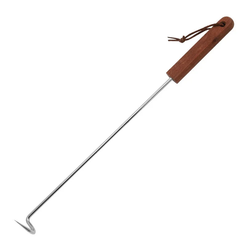 BBQ Meat Flipper Hook Outdoor Camping Food Turner Hook with Wooden Handle Reusable Barbecue Food Flipper Grilling Cooking Tool