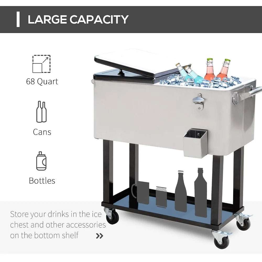 80 QT Wheeled Stand-Up Drink Cooler Cart,Silver,For Outdoor Party, Custom