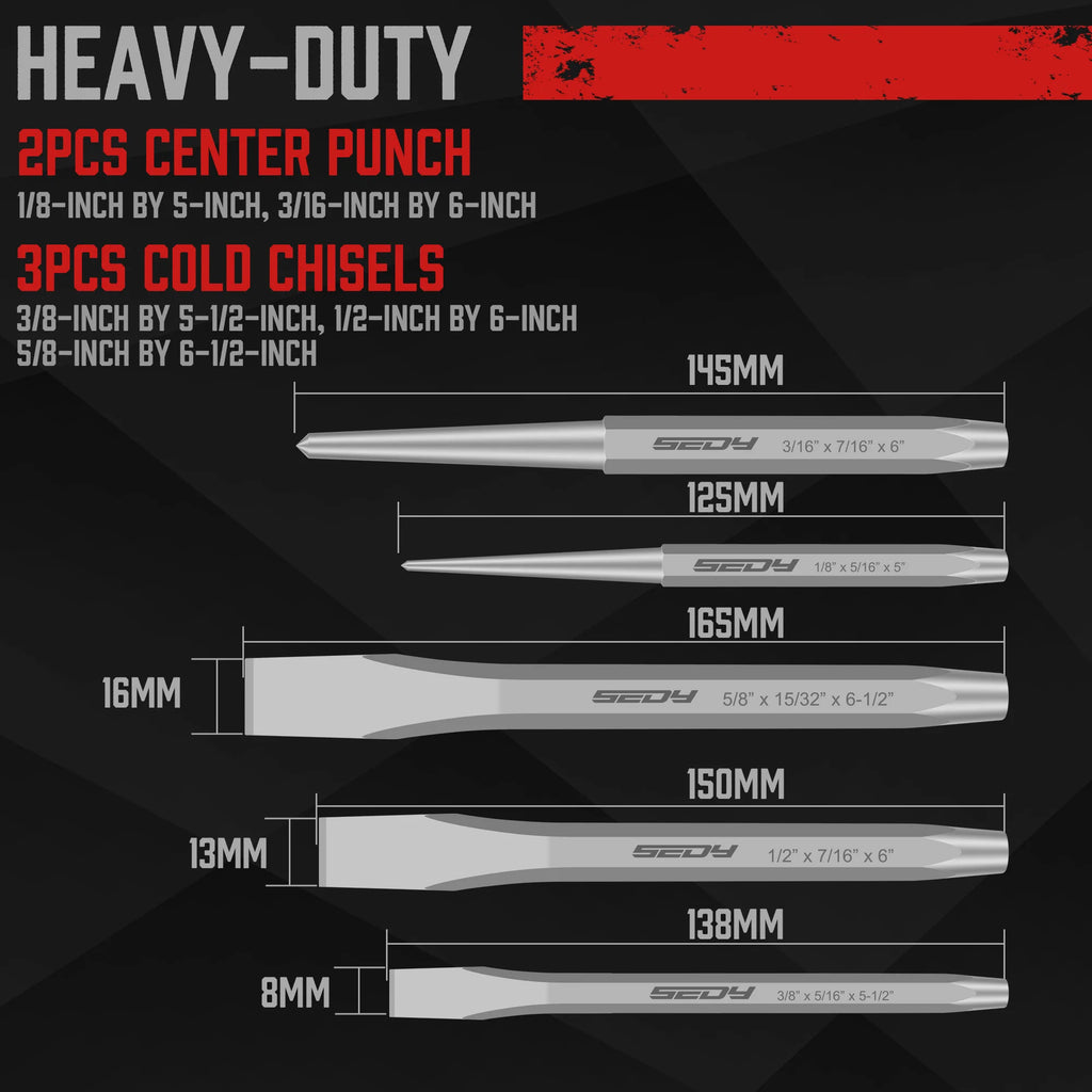 SEDY 16Pcs Precision Punch & Chisel Set - Taper Punch, Pin Punch, Center Punch, Cold Chisels & Gauge for Versatile Applications