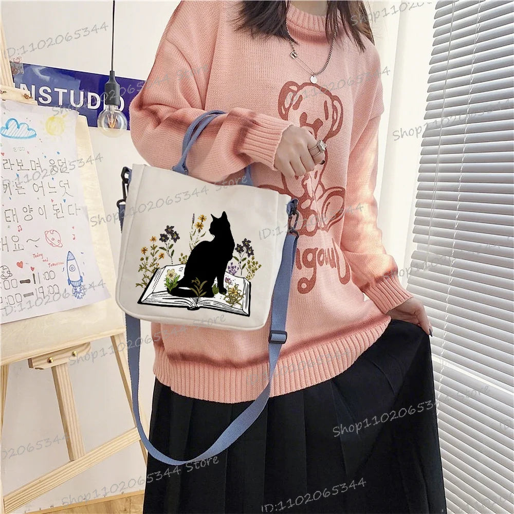 Wild Flower Book and Cat Print Canvas Handbag For Women Multi-Functional Lightweight Crossbody Bag Animal Bookworm Shoulder Bag