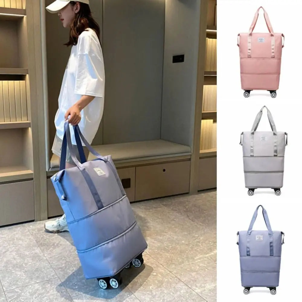 Oxford Cloth Gym Bag with Wheels Sport Dry-Wet Separation Collapsible Travel Tote Bag Expandable Large Capacity