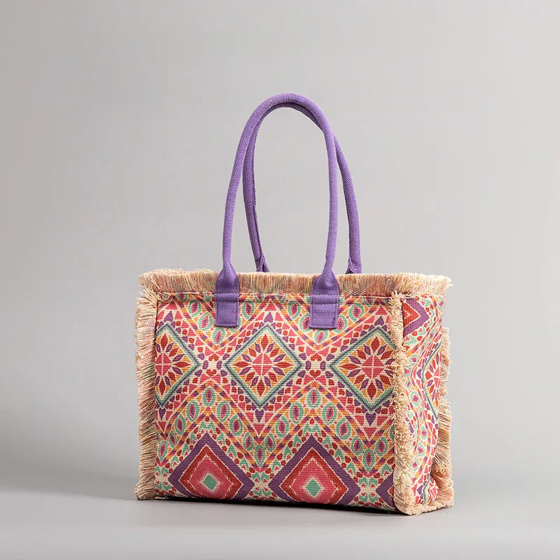 Tote bag Bohemian retro shoulder bag Zipper handbag Large capacity canvas bag Women's summer