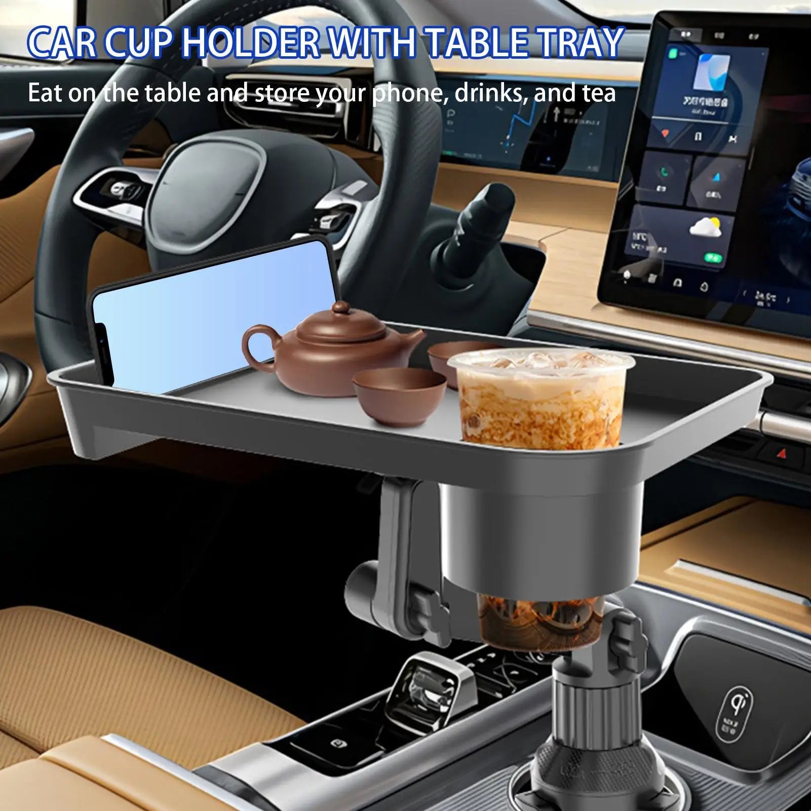 Car Cup Holder Expander Drink Holder with Food Table 360 Degree Adjustable Base Tray for Snack Rotatable Tray Bracket