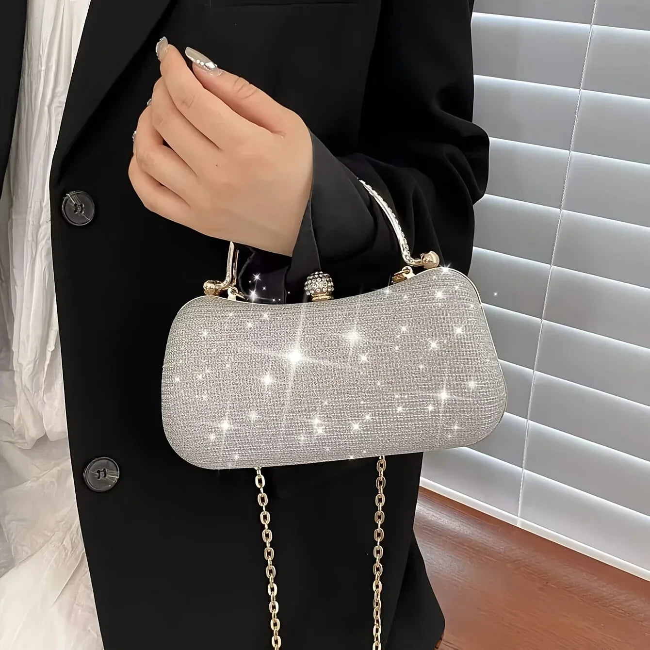 Shiny Mini Evening Bag, Rhinestone Chain Purse, Luxury Glitter Banquet Handbag, Perfect For Party, Wedding, Prom, Dinner/Banquet