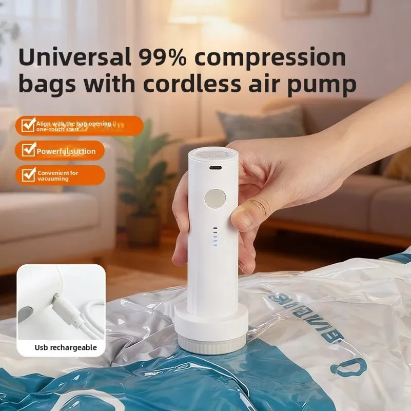 USB C Rechargeable Electric Vacuum Pump Low Noise Portable Lightweight Air Pump for Travel Compression Bag Storage Space Saving