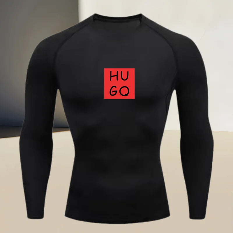 Men's gym compression quick drying base shirt, round neck long sleeved, high elasticity breathable fabric
