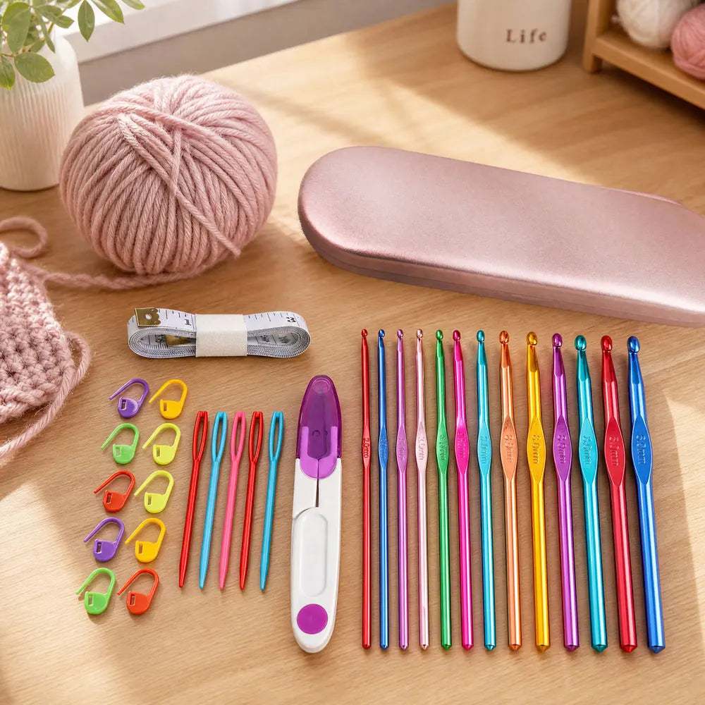 Crochet Hook Kit with Portable Storage Box Material Pack for Sewing Crocheting Beginner Set
