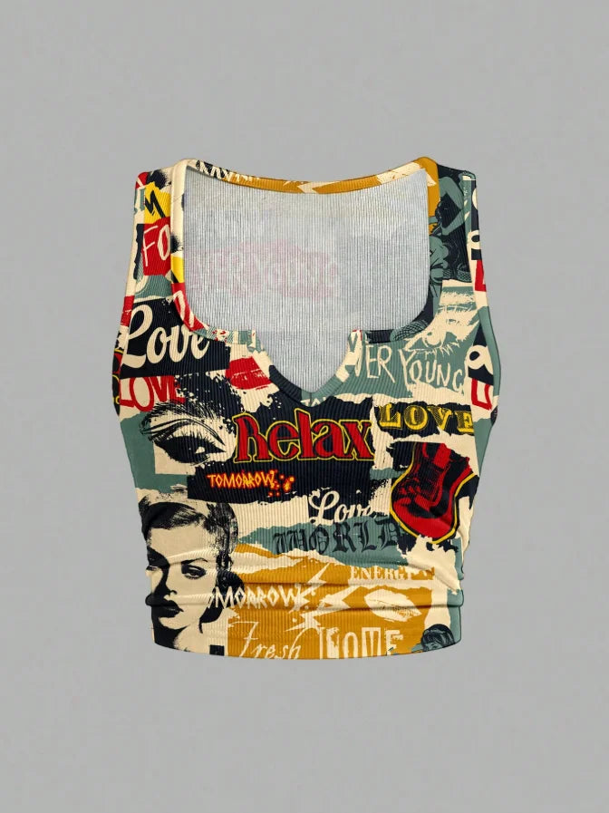 Plus Size Women Vintage Newspaper Collage Graphic Print Notch V Neck Ribbed Sleeveless Crop Tank Top Side Ruched Slim Fit Y2K St