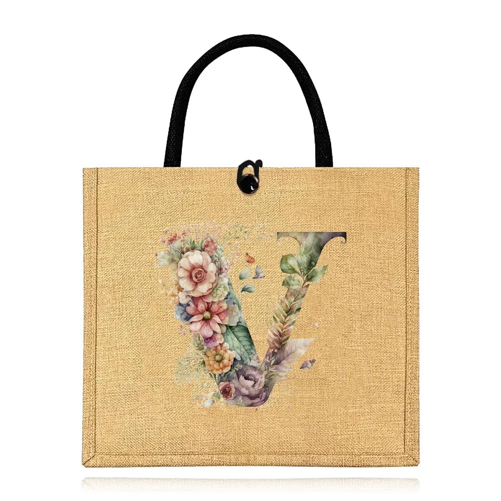 Flax Bag Fastener Handbag Organizer Storage Jute Tote Bags Imitation Cotton Women Valise Portable Floral Letter Printing Series