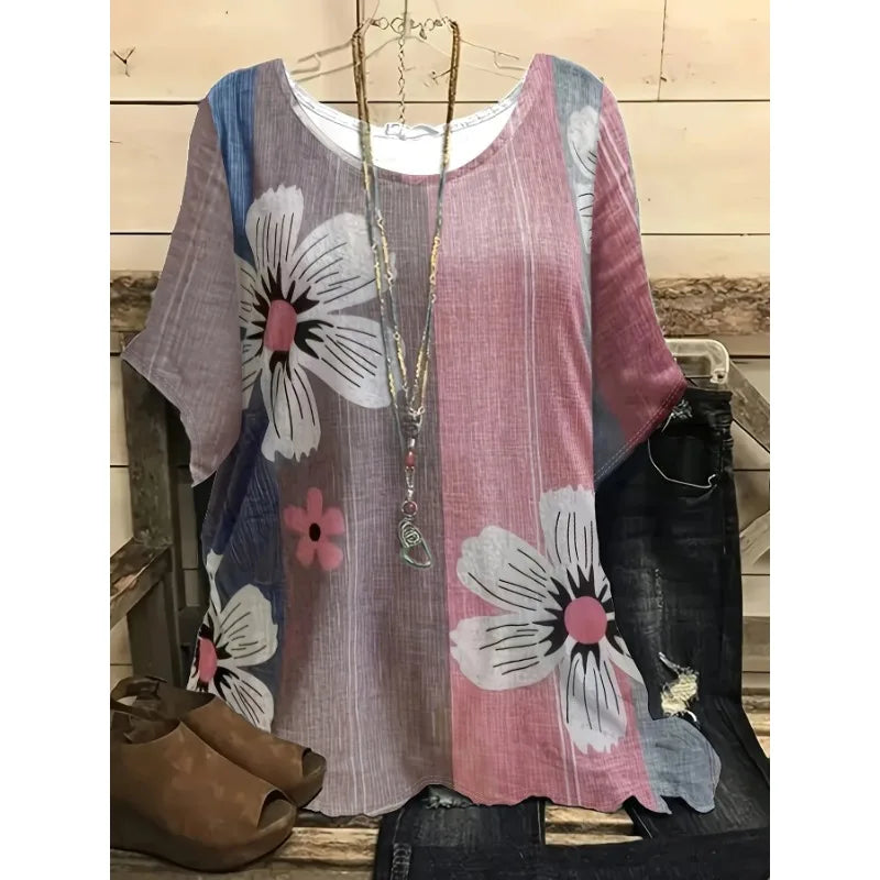 Plus Size 1XL-5XL New Spring Summer Women's Fashion Printed Round Neck Short Sleeved Tops T-shirt Women Casual Tops Clothing