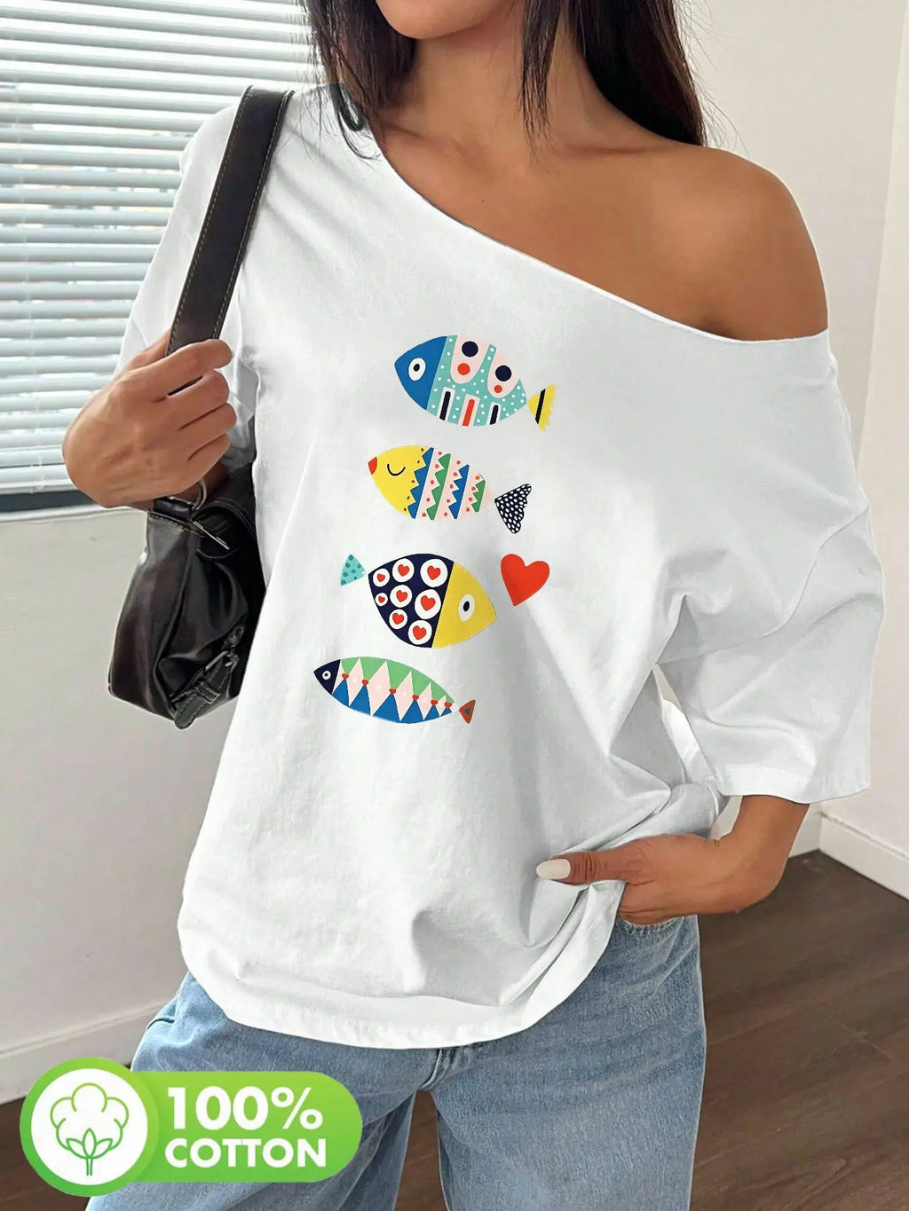 Plus Size Vertical Colorful Geometric Fish Pattern Print T-Shirt Oversized Y2K Style Graphic Tees Women Tops Summer Off The S