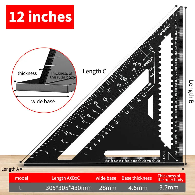 Precision 7/12 Inch Aluminum Alloy Triangle Ruler Woodworking Measuring Tools Durable Metal Metric Imperial Gauging Angle Finder