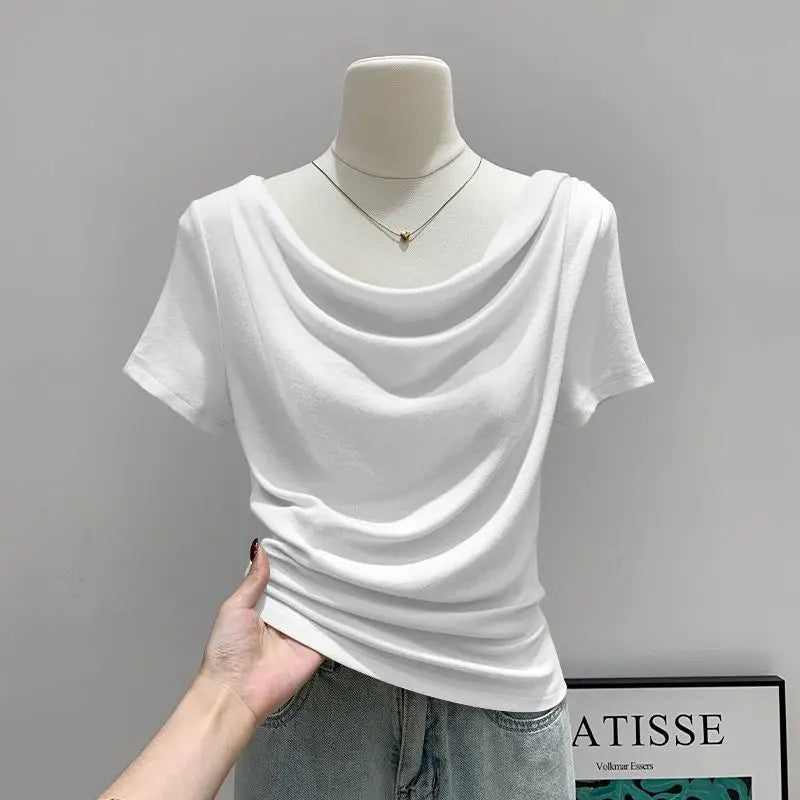 Summer Thin Slash Neck Short Sleeved T-shirt Feminine Temperament Summer Irregular Slim Fit Spicy Top Plus Size Women Clothing