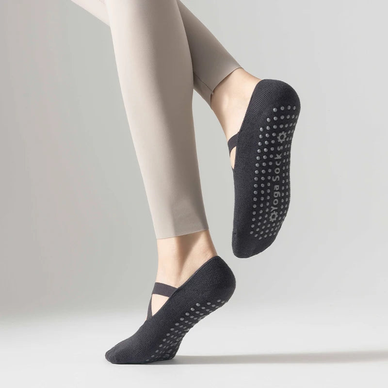 1 pair Professional Yoga Socks,  Cotton Strapping Silicone Anti-Slip Pilates Fitness Dance Floor Socks