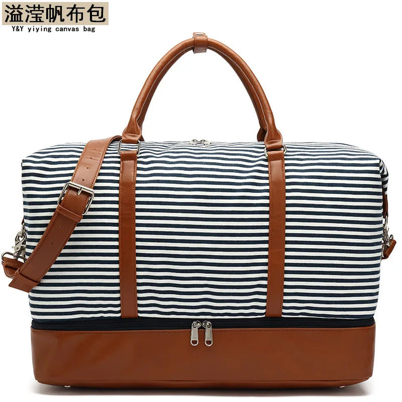 Fashionable Striped Canvas Travel Bag Waterproof Handheld Luggage PU Sports Bag Storage Wet And Dry Separation Bag Leisure Tr...