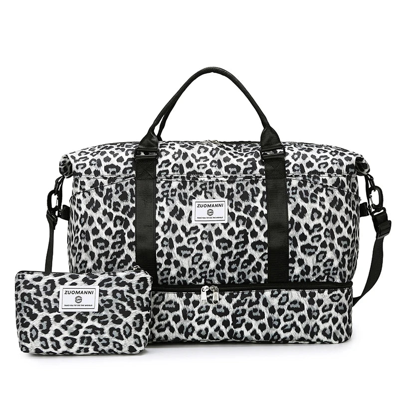 2pcs Set - Large Capacity Travel Duffel Bag with Shoe Compartment and Cosmetic Pouch Casual Nylon Gym Bag Weekend Overnight Bag