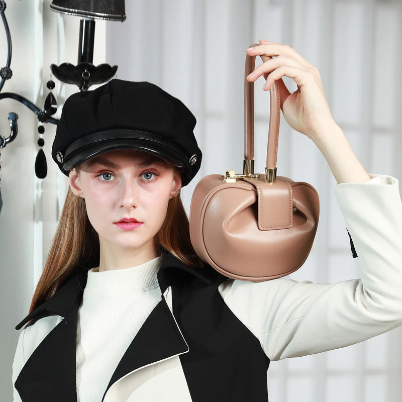 HIFASHION Genuine Leather Top Handle Bags For Women Chic Novelty Round Small Daily Purses Cowhide Party Luxury Designer Handbags