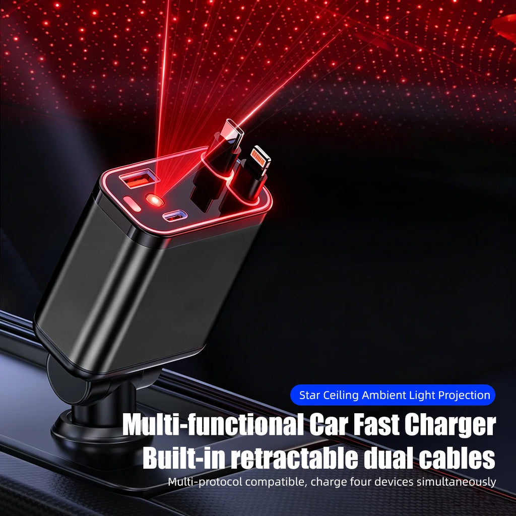 4in1 Retractable Car Charger with Red Roof Starlight USB Cable Fast Charger Cigarette Lighter Adapter For iPhone Huawei Samsung