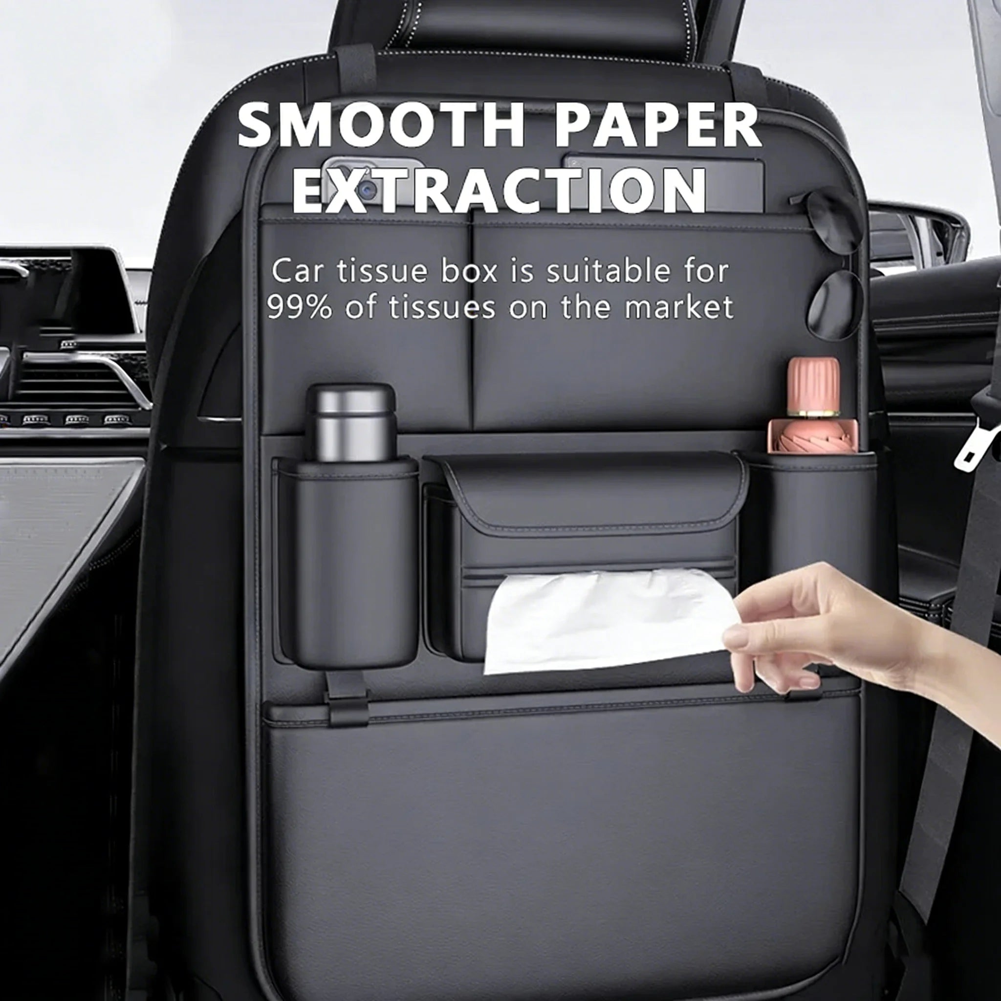 HOMEFISH 6-Pocket Car Seat Back Storage Bag Wear-Resistant Car Backseat Organizer Tissue/Cup Holder Waterproof Anti-Kick Pad