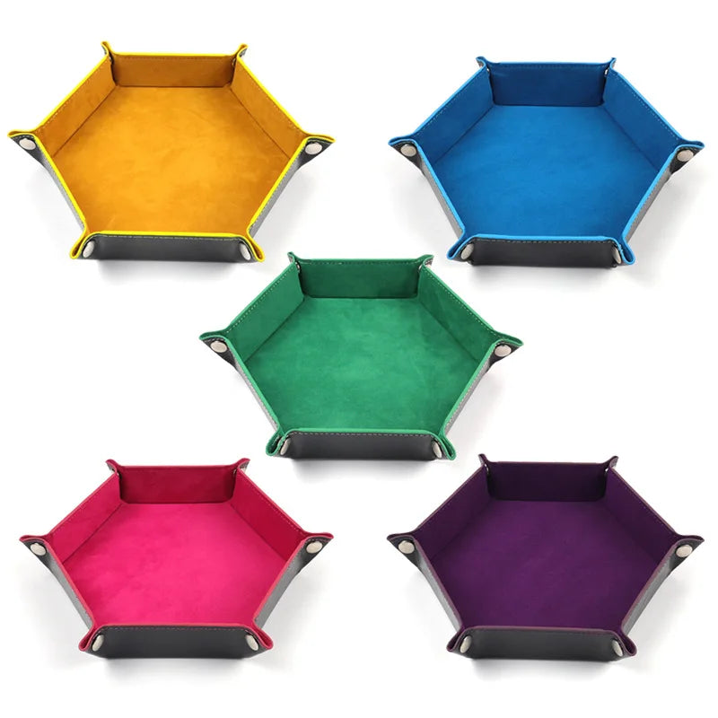 Rolling Folding Hexagon Dice Game Storage Tray PU Leather&Velvet Mat Holder Double Sided Thick Office Supplies Storage Tools