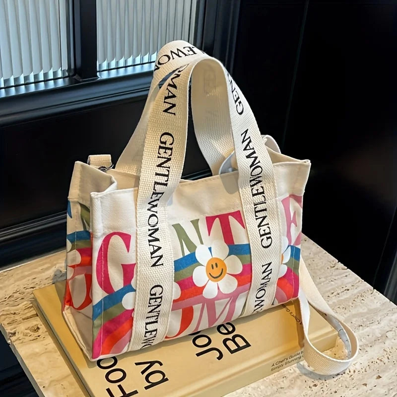Dopamine Colorful Women's Crossbody Bags Fashionable Canvas Shoulder Bag Flower Print Tote Handbags Shopping Bag