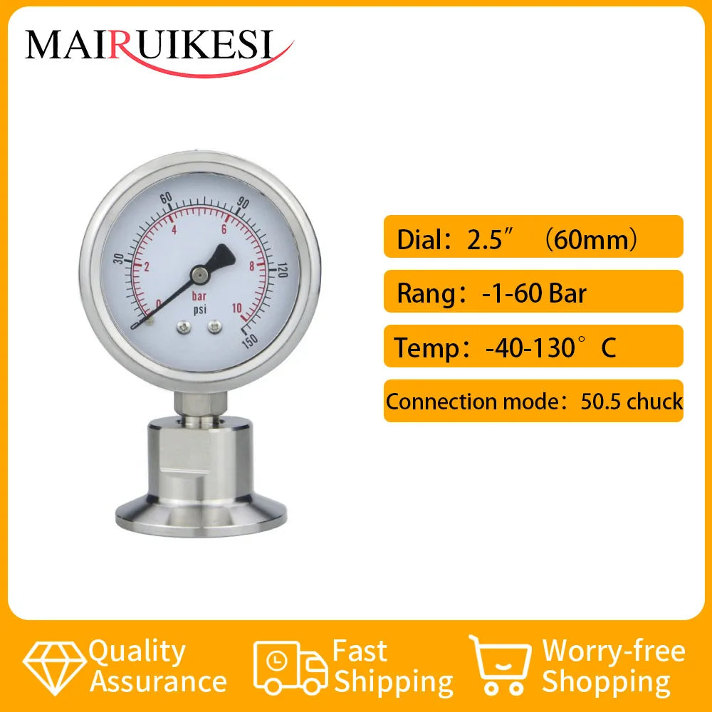 Diaphragm Pressure Gauge Stainless Steel Integrated Sanitary Vacuum Gauge 60mm 50.5 Connection-40-200°